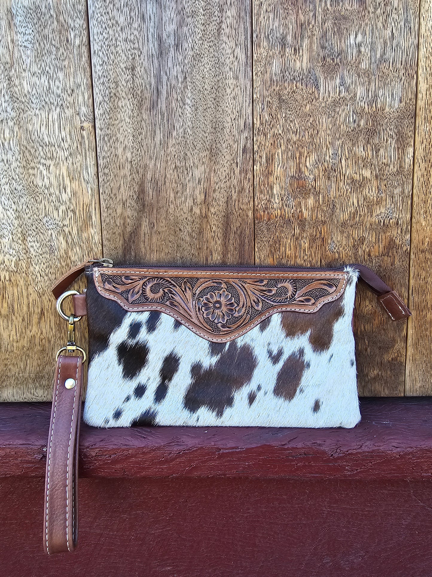 Large tooled hide clutch -Brown #07