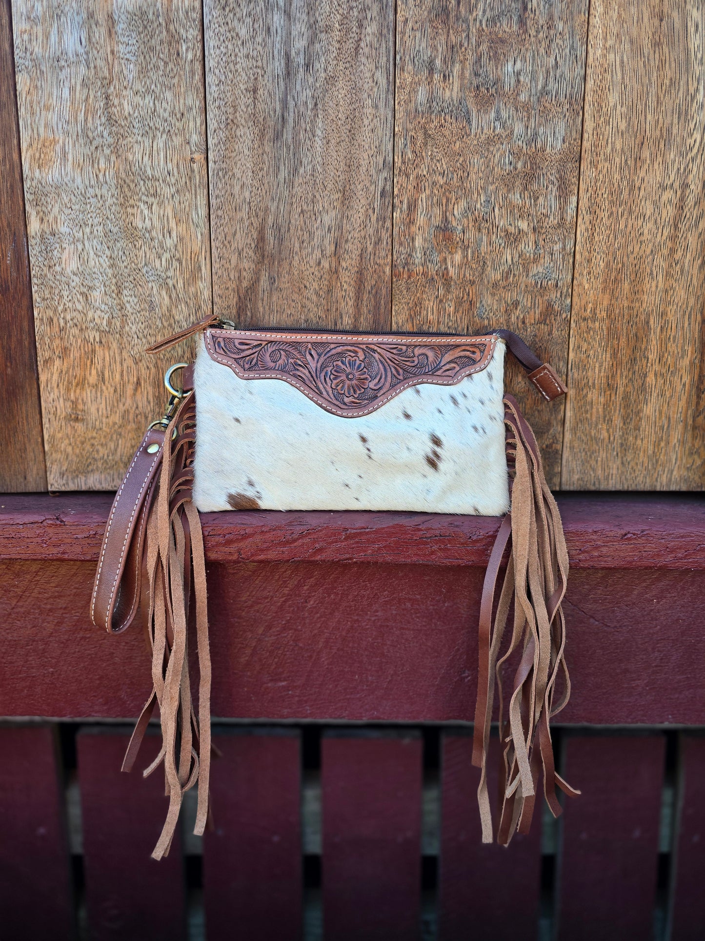 Large tooled hide clutch with tassels-Brown #04